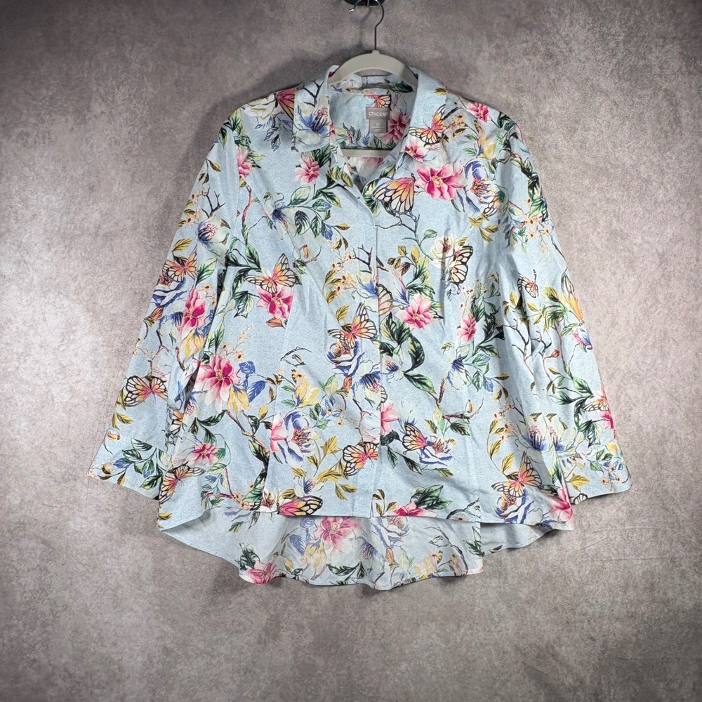 Chico's Button Down Shirt Sz 3P US 16/18P Blue Floral Butterfly No Iron High Low